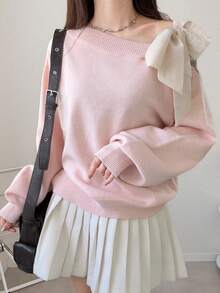 FRIFUL Women's Contrast Color Asymmetrical Shoulder Drop Shoulder Bow Loose Casual Versatile Sweater, Autumn/Fall - Pink - View 7