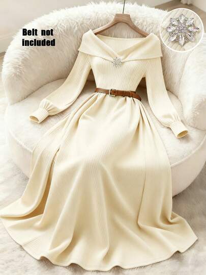 Franclia Women's French V-Neck Knit Dress, Waist Cinched Flared Skirt, Elegant And Gentle,Winter Clothes For Women, Winter Dress,Suitable For Parties And Dates,New Year Dress,New Year Clothes,New Year's Eve Dress,New Year Outfit,White Outfit For New Year's Eve,White Outfit For New Year's Eve,Suitable For Multi-Occasion Wear,Office Commute, Daily Dates, Afternoon Tea, Casual Dresses For Women, Elegant Dresses For Women,Elegant Dress For Women, Elegant Dresses For Party Cream Elegant Dress Long Sleeve Elegant Dress Luxury Dress For Women