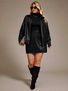 Auralis Plus Size Black,Autumn,Smart Casual,Night Out Club PU 2 Pieces Set,Personalized Zippered Long-Sleeved Jacket Coat & Side Slit A-Line Skirt,Y2K Outfit - Black - View 6