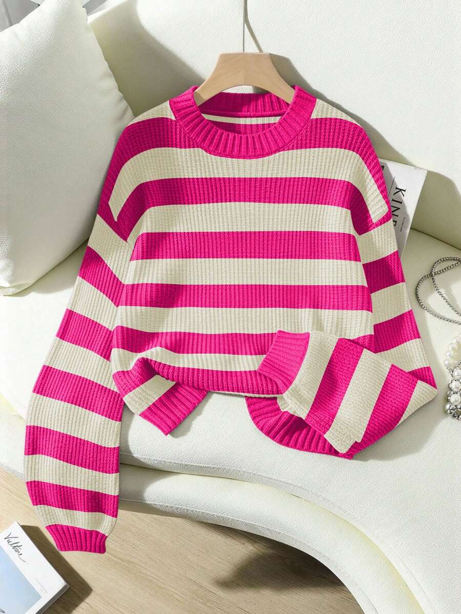 SHEIN LUNE Women's Casual Everyday Commute Contrast Stripe Pattern Dropped Shoulder Loose Pullover Sweater, Autumn/Winter - Multicolor - View 1