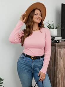 SHEIN LUNE 加大码冬季加厚圆领修身长袖保暖T恤，休闲日常假日T恤 - 粉色 - 查看 4