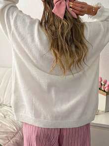 Oversized Casual Soft-Touch Knit Sweater With Ruffled Cuff Sleeves And Crew Neck In Vibrant All White Everyday Autumn - White - View 2