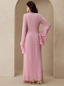 Graceveil 女士优雅雪纺拼接荷叶袖长连衣裙，时尚高贵 - 粉色 - 查看 3