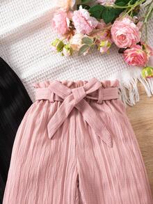 SHEIN 2pcs/Set Girls Textured Fabric Straight Leg Pants, Pink & Black, Comfortable Casual Everyday Wear - Multicolor - View 4