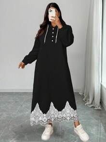 Elenzga 大码女式法式休闲印花长款卫衣连衣裙 穆斯林女式连衣裙 长款连帽连衣裙 端庄长袖连衣裙 女式连衣裙 长袖长款休闲连衣裙 - 黑色 - 查看 6