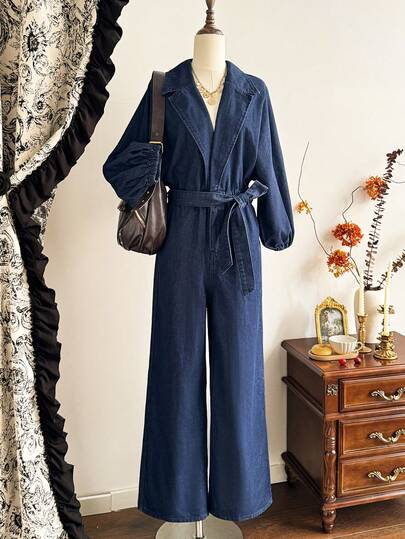 Vintamour Bộ đồ liền thân ống rộng tay dài cổ ve lật có thắt lưng thời trang thường ngày dành cho nữ, trang phục xuân/thu đông dành cho nữ, bộ đồ liền thân dự tiệc Giáng sinh, trang phục năm mới, bộ đồ liền thân thanh lịch cho bữa tiệc, bộ đồ liền thân trang trọng dành cho nữ, bộ đồ liền thân denim thời trang dành cho nữ, bộ đồ liền thân tay dài ống rộng có dây buộc ở eo, mang đến vẻ ngoài sang trọng hàng ngày