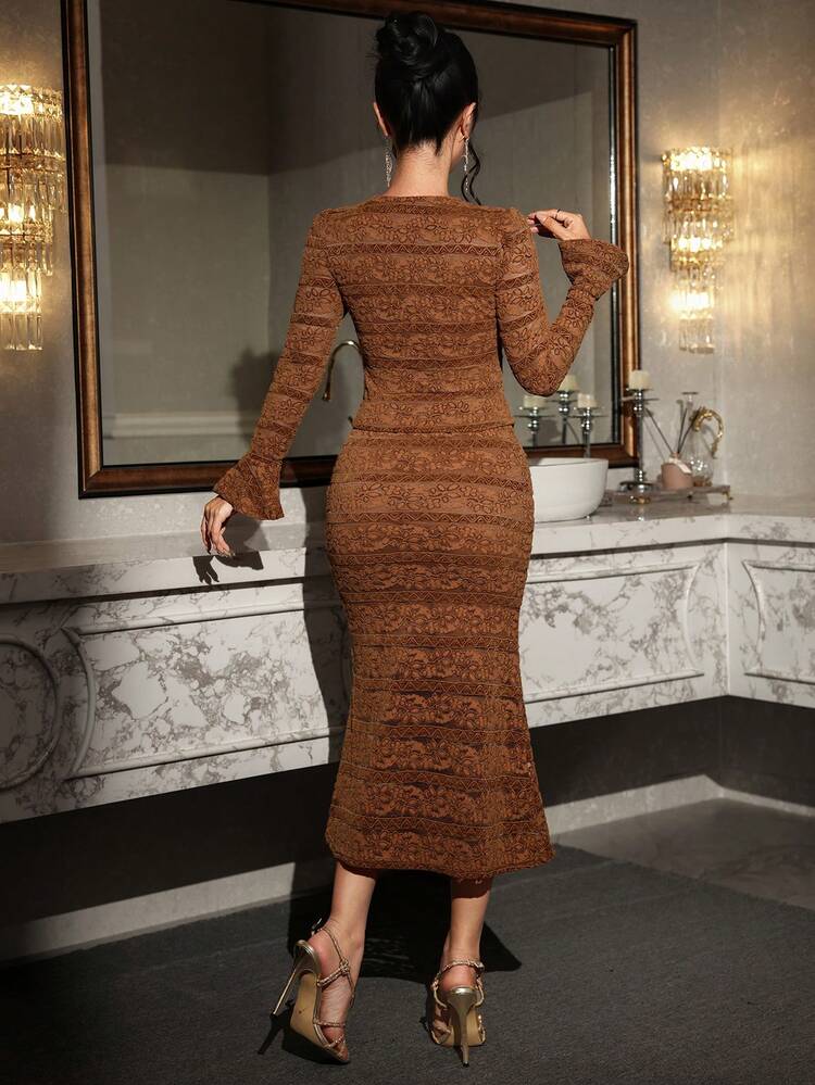 2pcs/Set Women's Luxury Elegant Long Sleeve V-Neck Jacquard Lace Bodycon Dress