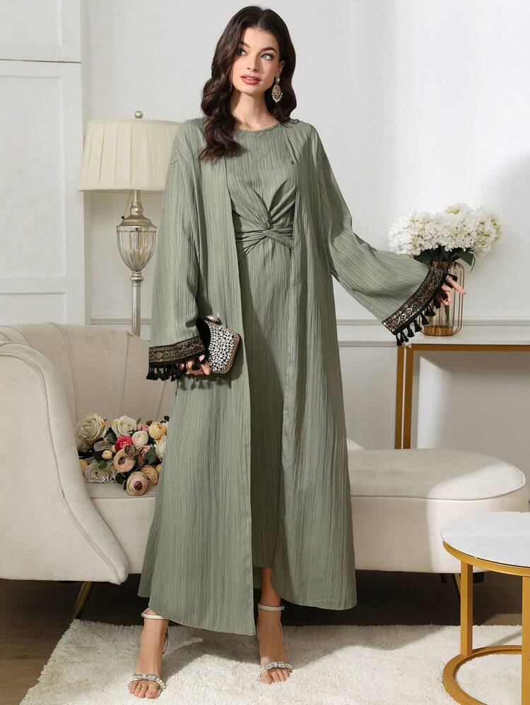 Al Najma Women's Solid Color Arabic Style Waist Twist Maxi Dress Set - Green - View 3