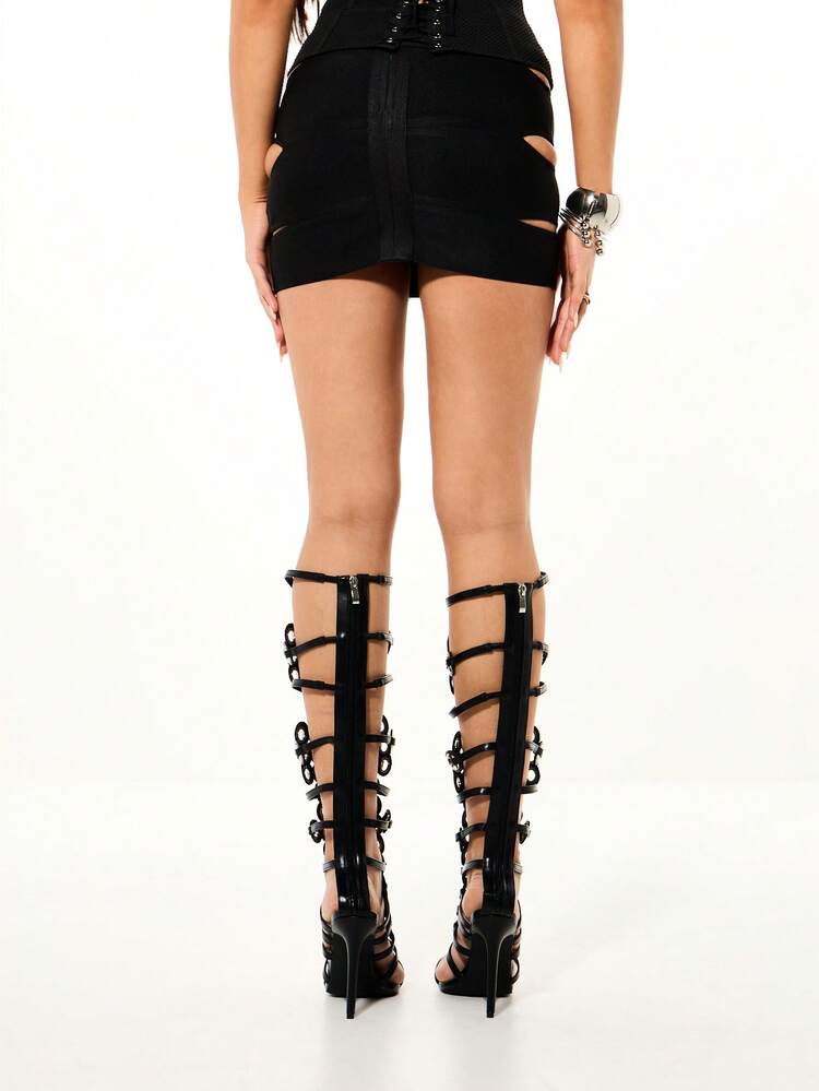 SUMWON High Rise Bodycon Bandage Mini Skirt With Ribbed Texture And Cutout Side Details