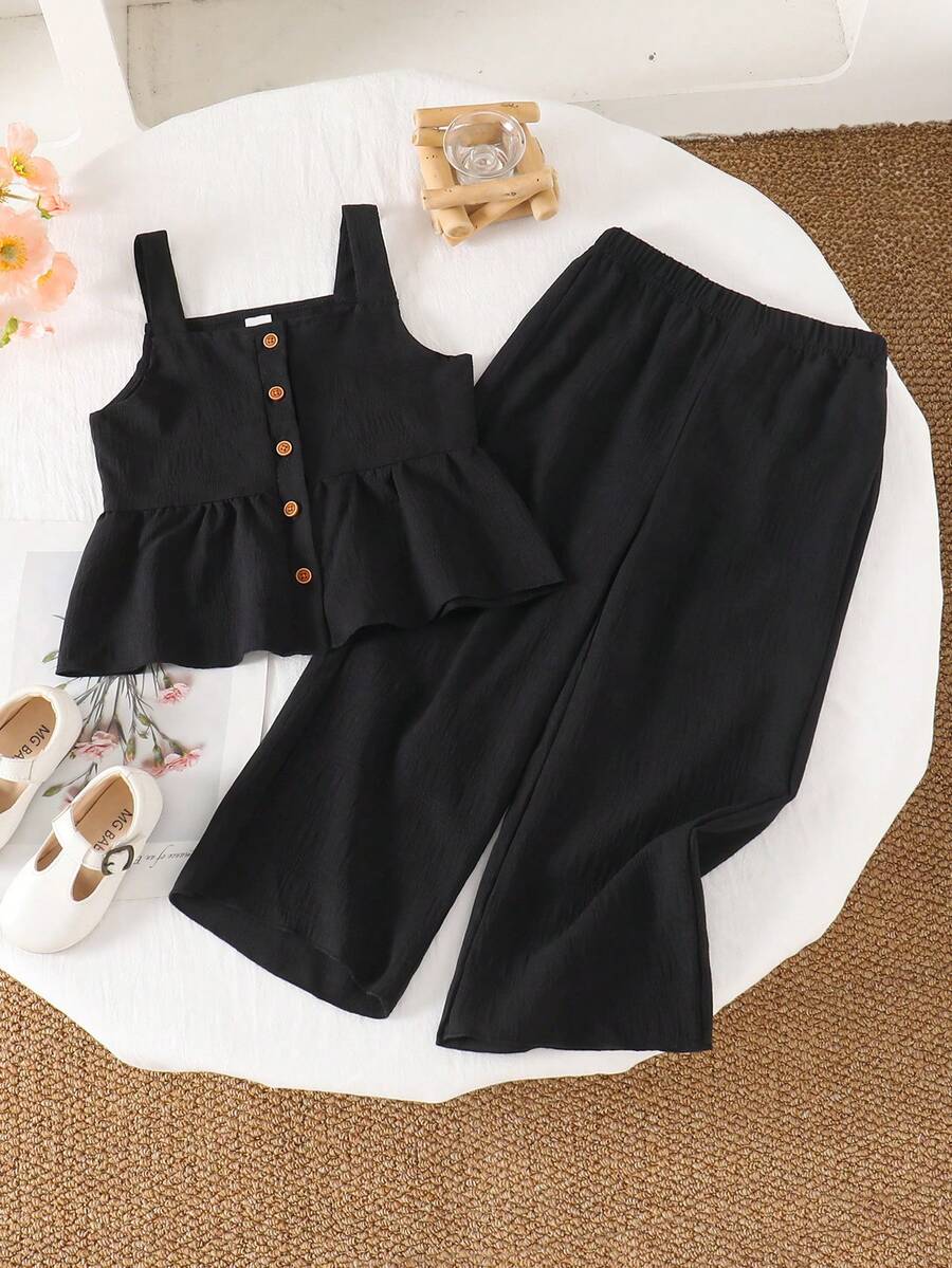 SHEIN Genkimix Kids Bộ đồ 2 món cho bé gái, gồm áo hai dây và quần ống rộng chất liệu vải dệt họa tiết, kiểu dáng thường ngày. - màu đen - Xem 1