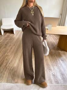 SHEIN EZwear Bộ 2 áo len nữ màu nâu kiểu dáng thường ngày, thích hợp cho mùa thu/đông, có thể mặc trễ vai. - màu nâu - Xem 3