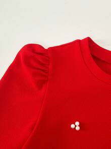 1-Piece Tween Girls Elegant Red Pearl-Decor Short-Sleeve Dress With Smooth Fabric Texture, Celebration-Ready Style, Soft Stretch Comfort And Multi-Scene Matching For Parties And Daily Wear - Red - View 8