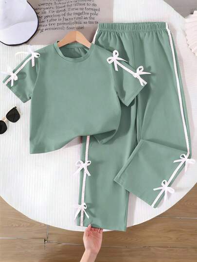 Genkimix Kids Girls Casual Everyday Round Neck Short Sleeve Cropped Black T-Shirt With 3D Bow Decor And Straight Loose Pants Summer Set 2 Piece Girls Shirt Set Green Girl Two Piece Outfit Green Two Piece Set For Girls Girls Jogging Set