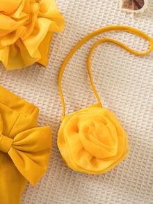 SHEIN 3件套女婴玫红色碎花上衣配斜挎包，可爱优雅印花休闲套装，春夏款 - 黃色 - 查看 8