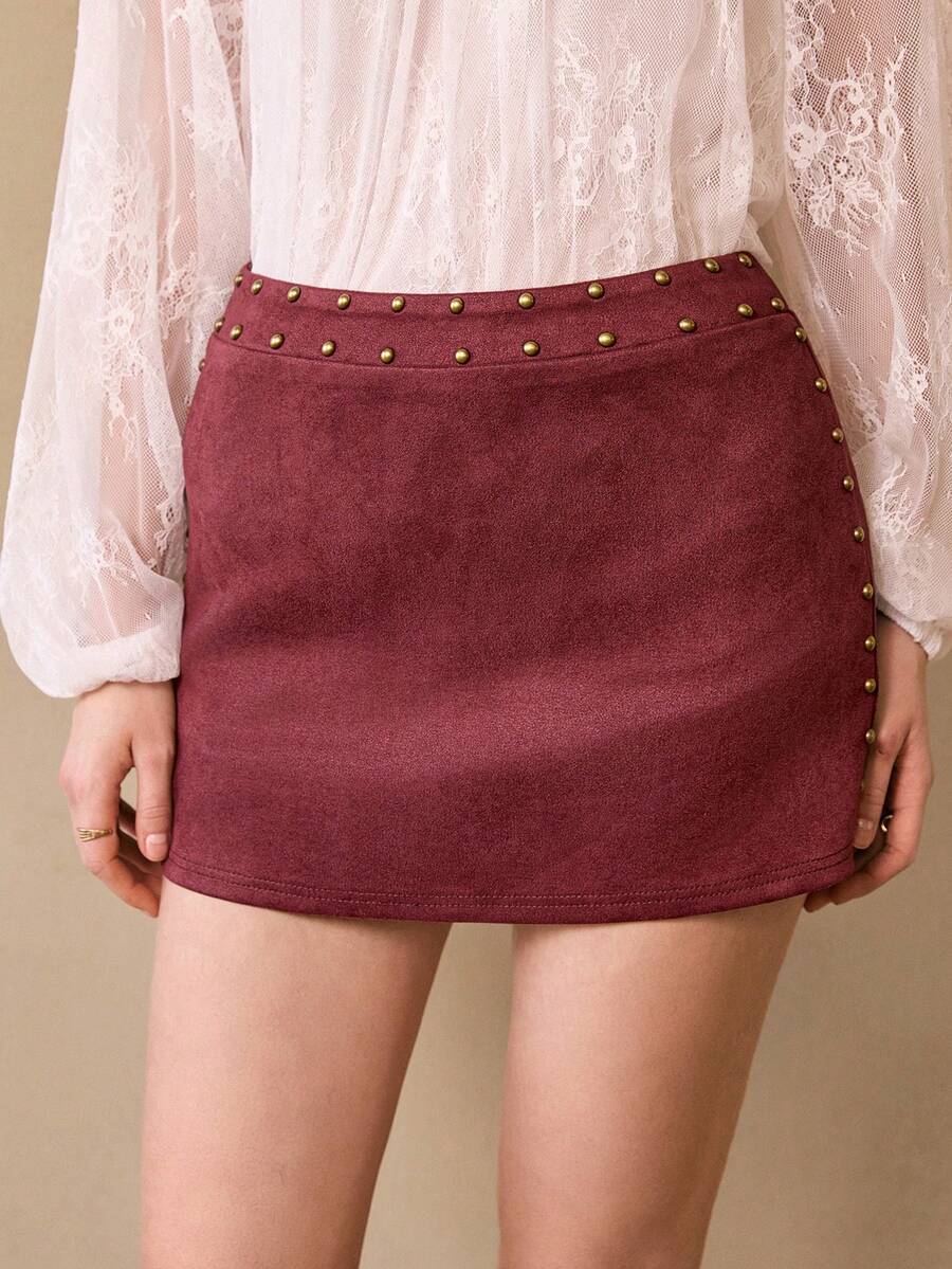 Chiquease Vintage Italian Maillard Beaded Midi Skirt, Sexy Dark Tone Design, Suitable For Autumn/Winter - Redwood - View 1