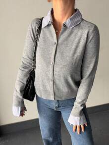 Jeta Ari Women's Contrast Stripe Patchwork 2 In 1 Casual Cardigan - Grey - View 3