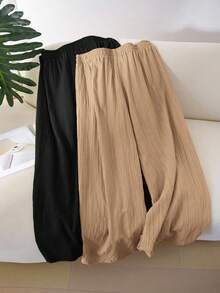 CosyJoli Plus Size Casual Solid Color Textured Chiffon Wide Leg Pants Loose Pants - Khaki - View 3