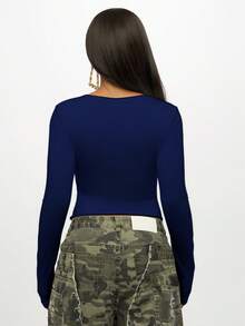 SUMWON WOMEN Cropped Long Sleeve Top With Chest Graphic Print Detail V Neckline Fall Winter Pullover