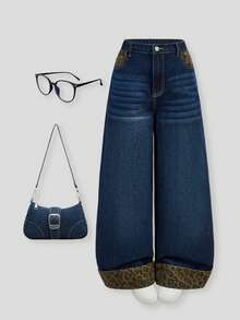 ChillGRL 少女新款黑灰直筒百搭舒适阔腿牛仔裤 - 深色水洗藍 - 查看 5