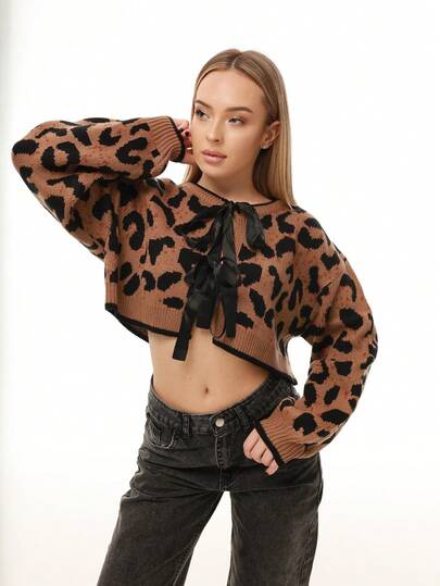 Katetique 秋季时尚 Y2K 豹纹领结开衫、长袖上衣