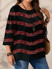 EMERY ROSE Plus Size Women Casual All-Over Print Round Neck Loose 3/4 Sleeve Shirt, Autumn/Winter Spring - Multicolor - View 7