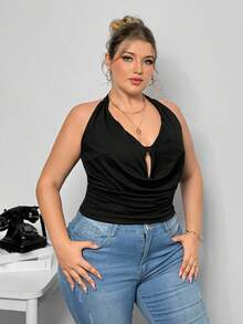 Truni Sometimesglam Plus Size Women's Fashionable Sexy Solid Color Draped Neck Backless Halter Top, For Pear Triangle Body Shape - Black - View 3