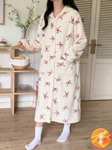 Girls' Cute Burgundy Bow Hooded Mid-Length Robe Sleepwear, Autumn/Winter Pajamas Dress  Tween Girls Pajamas-Hooded Nightgown Soft Fleece Red Bow Print White Hooded Long Sleeve Knee Length Warm Sleepwear Fall Winter Loungewear 2026 New Year Essential - Apricot - View 5