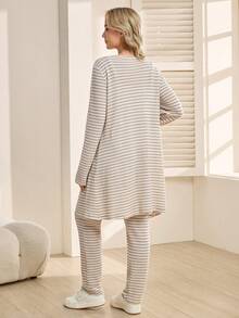 SHEIN Striped Casual Comfortable Knit Jumpsuit Maternity Two Pieces Set - Apricot - View 2