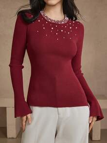 DAZY Women's Elegant Solid Color Beaded Round Neck Flare Sleeve Sweater, Autumn/Winter - Burgundy - View 6