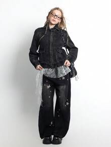 Bloopia 女士时尚通勤蕾丝拼接长袖拉链外套 - 黑色 - 查看 5