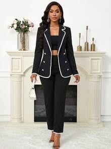 SHEIN Lady Women's Casual/Work Contrast Trim Notched Collar Double Breasted Blazer Jacket, Autumn - Black and White - View 6