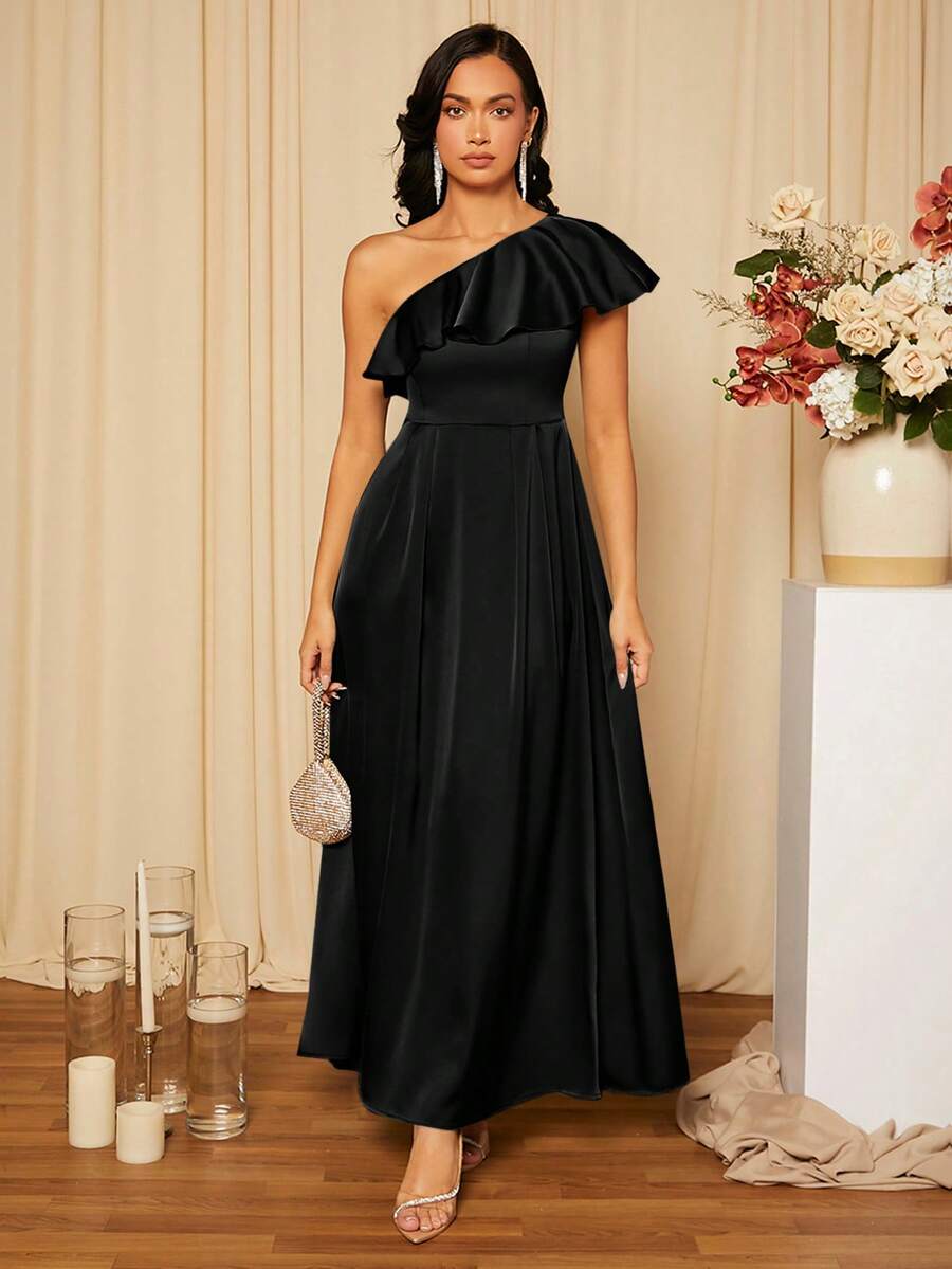 SHEIN Belle 女士纯色简约日常伴娘礼服，不对称肩部设计 - 黑色 - 查看 1