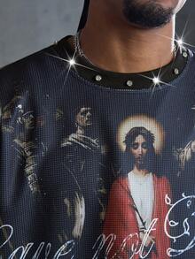 ROMWE MEN 男士闪亮钻石印花宽松套头卫衣 - 黑色 - 查看 6