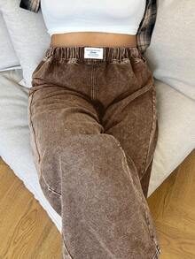 Muchica Plus Size Loose Fit Elastic Waist Wide Leg Jeans - Brown - View 1