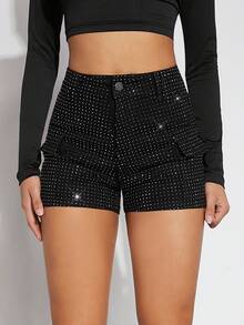 Denimoi Women's Black Rhinestone Dot Flap Pocket Shorts, Denim Shorts, For Going Out, Party, Country Concert, Rave Festival, Clubwear - Black - View 5
