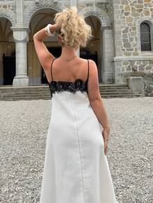 Jeta Ari Vestido de verano de mujer de ajuste holgado con patchwork de encaje en blanco y negro, vestido midi con tirantes, de lino, vestidos casuales de mujer, vestido de fiesta - Blanco y Negro - Ver 2