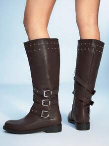 Sugerpunk Giày bốt nữ cao đến giữa bắp chân, chất liệu da PU, có khóa kéo và đinh tán, kiểu dáng thường ngày, đa năng. - màu nâu - Xem 4