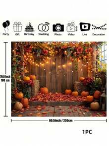 1件秋季南瓜枫叶摄影背景布 - 感恩节丰收摄影背景装饰 - 生日派对横幅道具 - 多功能，适用于室内、花园和户外 - 无需用电 - 彩色 - 查看 13