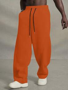 PAVTROS Calça de Moletom Casual Solta de Perna Larga com Cordão na Cintura, Cor Sólida, Para Rave - Laranja - Visão 3