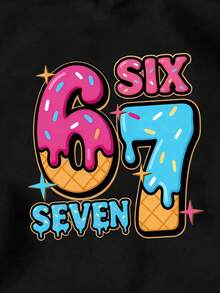 Sparklyn Autumn/Winter Tween Girls Casual Fashion Creative Personalized Fresh Minimalist Numeric 67 Colorful Candy Dot Letter Slogan Graphic Print Comfortable Pullover Sweatshirt, Cozy Fall & Winter Styles Suitable For Tween Girls - Black - View 5