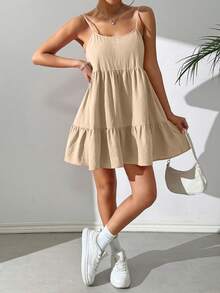 SHEIN EZwear Solid Color Spaghetti Strap Ruched Minimalist Short Dress, Casual Everyday Wear,Backless Dress - Apricot - View 4