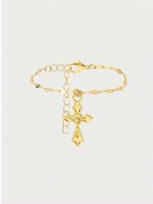 Glisma 2 Pieces Set: Versatile Fashion Gold Religious Cross Pendant Bracelet With Classic Adjustable Finger Ring Chain Jewelry, Suitable For Daily Wear - Multicolor - View 5