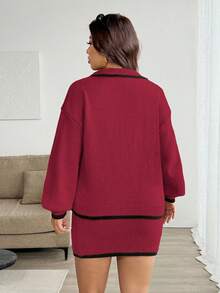 SHEIN LUNE Plus Size Women 2-Piece Set, Long Sleeve Color Block Collared V-Neck Sweater Top And Mini Skirt Sweater Dress, Casual Elegant Knit Suit - Burgundy - View 2
