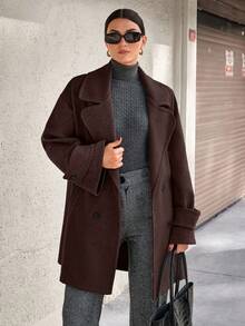 EURMUSE Oversized Boxy Double-Breasted Overcoat - Chocolate Brown - View 6