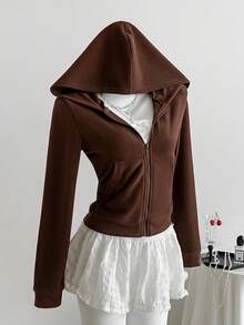 SHEIN LUNE 女士时尚休闲全拉链连帽卫衣，轻便带口袋 - 咖啡棕 - 查看 7