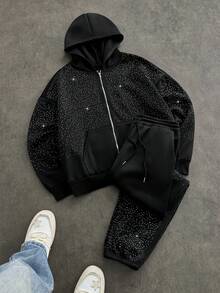 Manfinity VCAY Men's Hooded Sweatshirt Set Relaxed Fit Stylish Rhinestone Gradient Embellishment Two Pieces Sweatshirt Set - Black - View 1