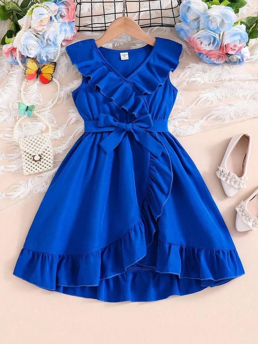 Young Girl' Ruffled Asymmetrical Hem Princess Dress, Dopamine Red, Mexican Children's Day - Blue - View 1