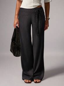Avenya Striped Low Waist Wide Leg Floor Length Pants With Dual Waist Tie Decoration