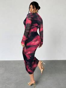 Firerie Đầm maxi dài tay thanh lịch in họa tiết tie-dye, xếp ly eo, cổ bất đối xứng, dài tay, đầm hẹn hò sang trọng, chất liệu vải lưới co giãn, cỡ lớn dành cho nữ/đầm maxi thường ngày thanh lịch, đầm đi nghỉ mát, đầm đi học, đầm dài tay nữ, đầm midi nữ, đầm ôm sát dài, đầm midi dài tay, đầm midi ôm sát nữ. - Đỏ - Xem 2