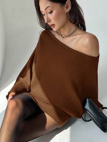 Aloruh Robe pull moulante à manches longues asymétrique polyvalente taille ajustée, style Y2K. Décontractée/Navette, esthétique américaine vintage pour l'automne/l'hiver - Acajou - Voir 5